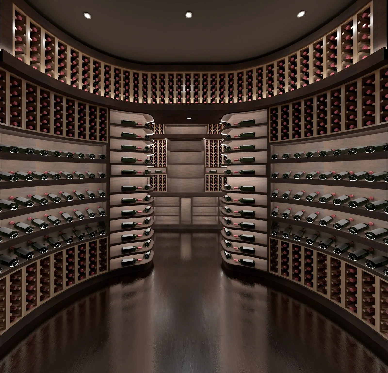Full-color 3D render of the finished curved wine cellar design