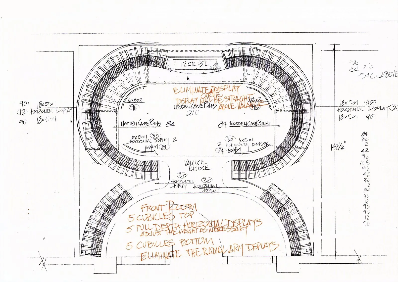 Hand sketch of a curved wine cellar layout