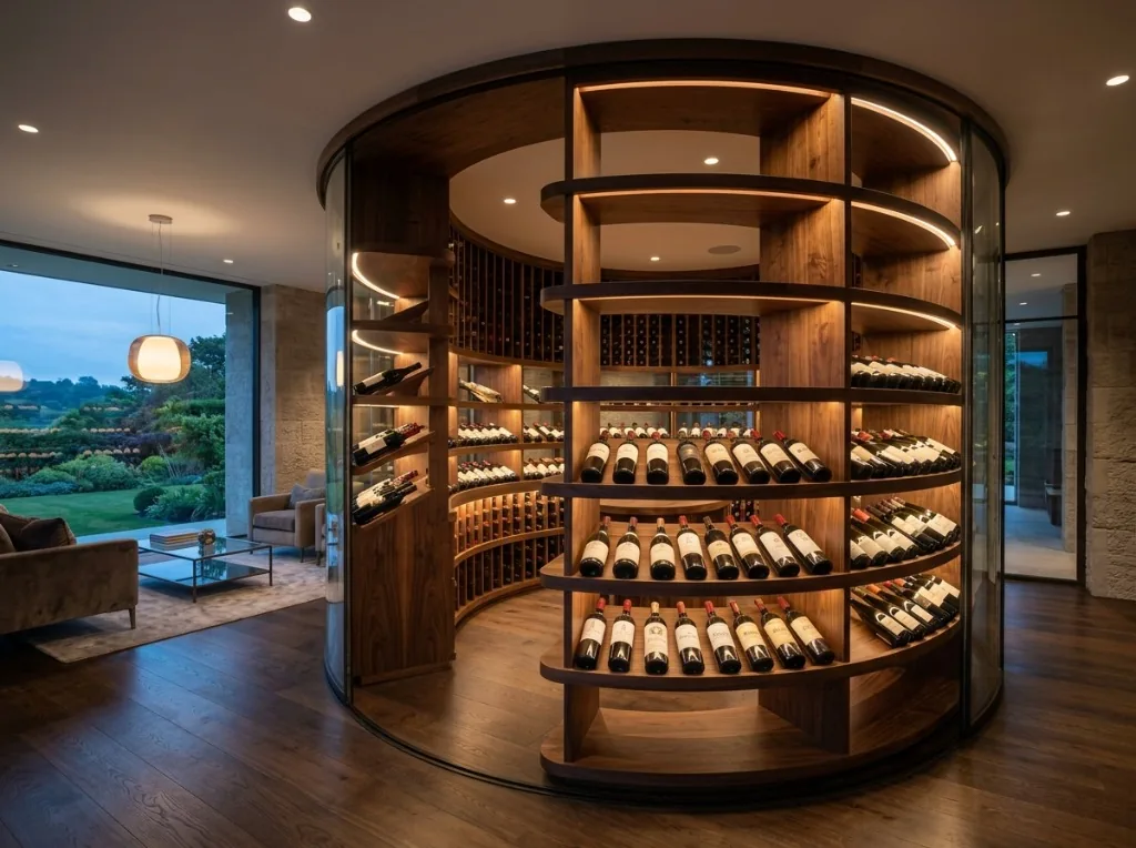 Curved wine racking designed as a freestanding volume, walls painted black to disappear
